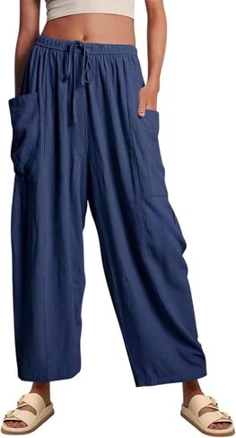 nalvo Womens Linen Pants, Wide Leg Cropped Casual Drawstring Elastic Waist Summer Beach Travel Pants with Deep Pockets in Kuwait