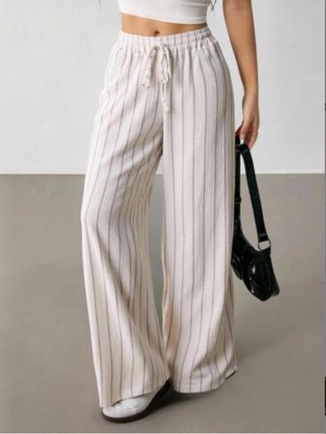Plus Size 1XL-5XL Women's Fashion Retro Striped Loose Wide Leg Pants Ladies Casual Pants High Waist Slimming Long Trousers in Saudi Arabia