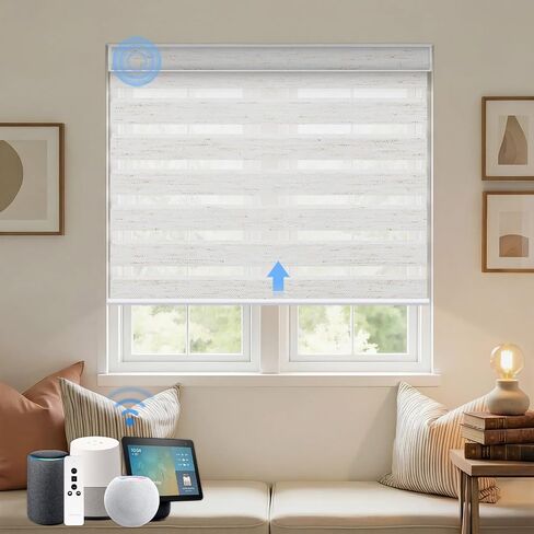 Motorized Zebra Blinds, Automatic Shades for Indoor Windows Work with HomeKit, Alexa, Google Home, Customized Electric Blinds with Remote, App, Voice Control, 90% Blackout Greyish White in Saudi Arabia