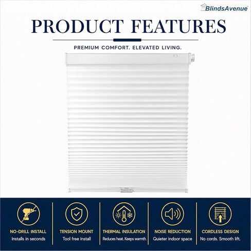 BlindsAvenue Cordless Cellular Shades, Tension Mount, No Tools No Drill, Thermal Insulation, Light Filtering Honeycomb Blind for Indoor Windows, Color: White, Customizable Widths: 48" W - 72" W in Saudi Arabia