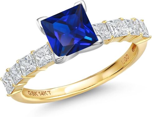 Gem Stone King 14K 2 Tone Yellow and White Gold Customized and Personalized Princess Cut 6MM Gemstone Birthstone and 2.5MM Round Lab Grown Diamond Engagement Ring For Women in Kuwait