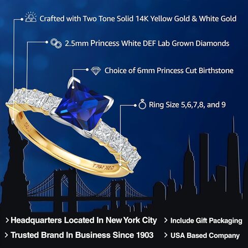 Gem Stone King 14K 2 Tone Yellow and White Gold Customized and Personalized Princess Cut 6MM Gemstone Birthstone and 2.5MM Round Lab Grown Diamond Engagement Ring For Women in Kuwait