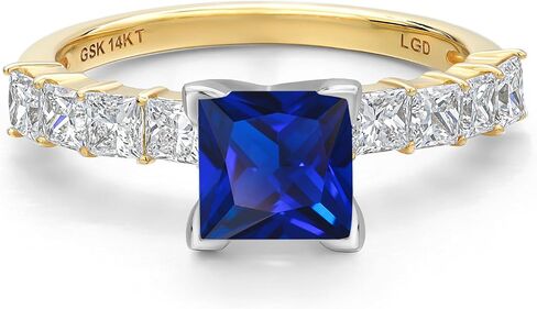 Gem Stone King 14K 2 Tone Yellow and White Gold Customized and Personalized Princess Cut 6MM Gemstone Birthstone and 2.5MM Round Lab Grown Diamond Engagement Ring For Women in Kuwait