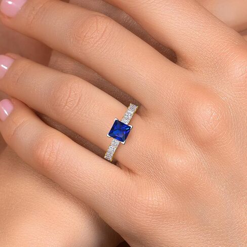 Gem Stone King 14K 2 Tone Yellow and White Gold Customized and Personalized Princess Cut 6MM Gemstone Birthstone and 2.5MM Round Lab Grown Diamond Engagement Ring For Women in Kuwait