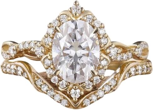 14K Gold Oval Cubic Zirconia 2-Piece Engagement Ring Set, Solitaire Engagement Ring with Matching Wedding Band, Stackable Bridal Set for Women Size 6 in Saudi Arabia