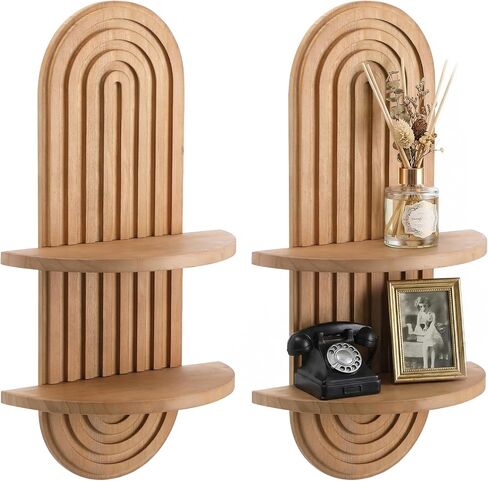 2 Pcs Boho Wall Shelf Rainbow Arch Wooden Floating Shelf Mid Century Bohemian Hanging Holder Double Vintage Wall Mount Altar Decor for Bedroom 16.7 x 5.9 Inches(Brown) in Kuwait