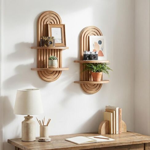 2 Pcs Boho Wall Shelf Rainbow Arch Wooden Floating Shelf Mid Century Bohemian Hanging Holder Double Vintage Wall Mount Altar Decor for Bedroom 16.7 x 5.9 Inches(Brown) in Kuwait