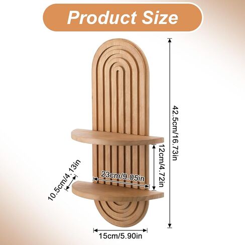 2 Pcs Boho Wall Shelf Rainbow Arch Wooden Floating Shelf Mid Century Bohemian Hanging Holder Double Vintage Wall Mount Altar Decor for Bedroom 16.7 x 5.9 Inches(Brown) in Kuwait