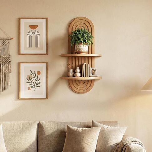 2 Pcs Boho Wall Shelf Rainbow Arch Wooden Floating Shelf Mid Century Bohemian Hanging Holder Double Vintage Wall Mount Altar Decor for Bedroom 16.7 x 5.9 Inches(Brown) in Kuwait