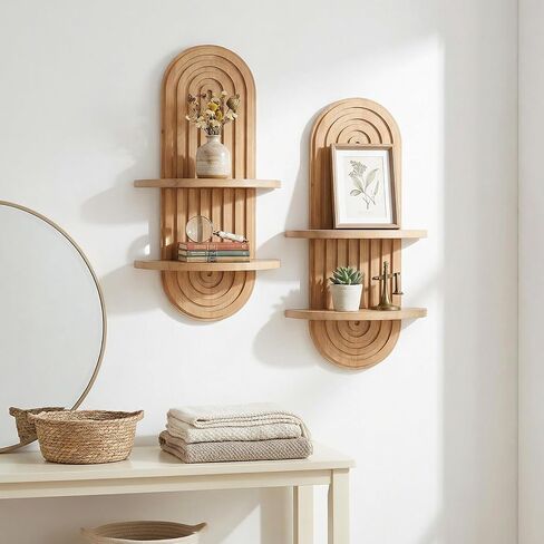 2 Pcs Boho Wall Shelf Rainbow Arch Wooden Floating Shelf Mid Century Bohemian Hanging Holder Double Vintage Wall Mount Altar Decor for Bedroom 16.7 x 5.9 Inches(Brown) in Kuwait