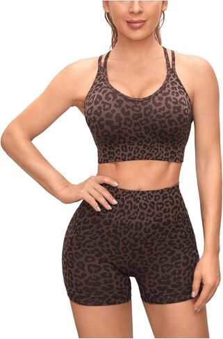 WDIRARA Women's 2 Piece Shorts Outfits Tracksuit Leopard Criss Cross Camisole Mini Shorts Workout Yoga Set in Kuwait