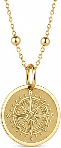 14K Solid Gold Compass Necklace – Nautical Medallion Pendant for Women & Men – Compass Rose Coin Charm – Travel Adventure Jewelry – Direction Necklace – Meaningful Gift in Saudi Arabia