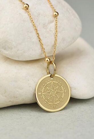 14K Solid Gold Compass Necklace – Nautical Medallion Pendant for Women & Men – Compass Rose Coin Charm – Travel Adventure Jewelry – Direction Necklace – Meaningful Gift in Saudi Arabia