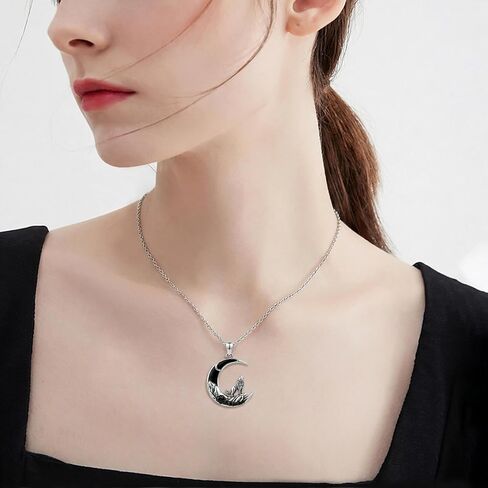 ONEFINITY Animals Necklace Sterling Silver Crescent Moon Wolf/Elephant/Lion/Fox and Crow Pendant Gothic Jewelry Gift for Women in Kuwait