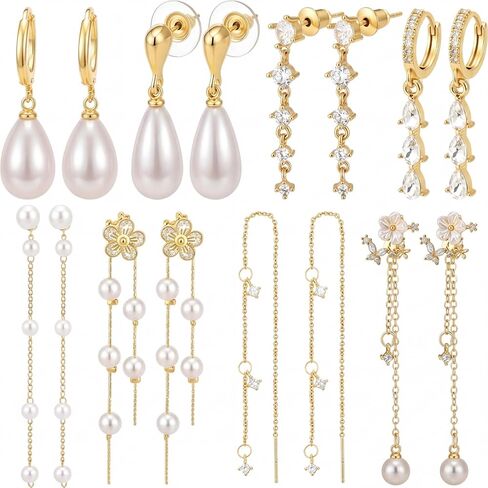 Nosiny 8 Pairs Gold Dangle Pearl Drop Earrings Set for Women Long Tassel Threader Chain Flower Sparkling Cz Threader Drop Earring Chain Wedding Bridal Earring Set for Women Trendy in Kuwait