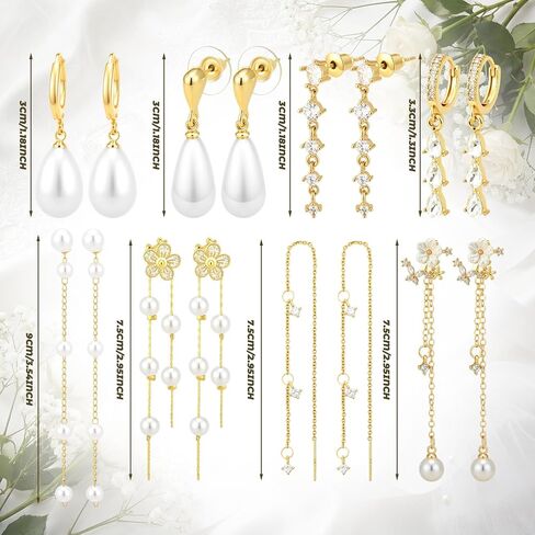 Nosiny 8 Pairs Gold Dangle Pearl Drop Earrings Set for Women Long Tassel Threader Chain Flower Sparkling Cz Threader Drop Earring Chain Wedding Bridal Earring Set for Women Trendy in Kuwait