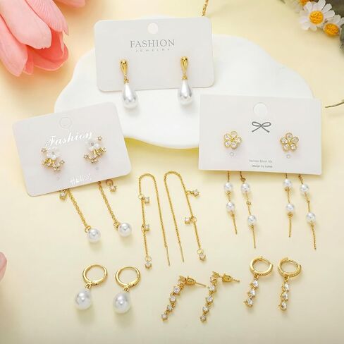 Nosiny 8 Pairs Gold Dangle Pearl Drop Earrings Set for Women Long Tassel Threader Chain Flower Sparkling Cz Threader Drop Earring Chain Wedding Bridal Earring Set for Women Trendy in Kuwait
