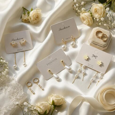 Nosiny 8 Pairs Gold Dangle Pearl Drop Earrings Set for Women Long Tassel Threader Chain Flower Sparkling Cz Threader Drop Earring Chain Wedding Bridal Earring Set for Women Trendy in Kuwait