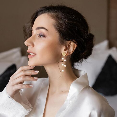 Nosiny 8 Pairs Gold Dangle Pearl Drop Earrings Set for Women Long Tassel Threader Chain Flower Sparkling Cz Threader Drop Earring Chain Wedding Bridal Earring Set for Women Trendy in Kuwait