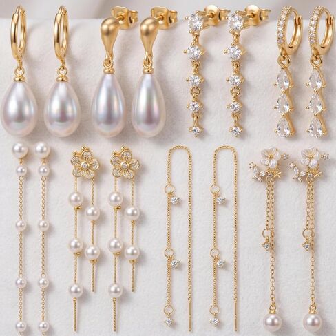 Nosiny 8 Pairs Gold Dangle Pearl Drop Earrings Set for Women Long Tassel Threader Chain Flower Sparkling Cz Threader Drop Earring Chain Wedding Bridal Earring Set for Women Trendy in Kuwait