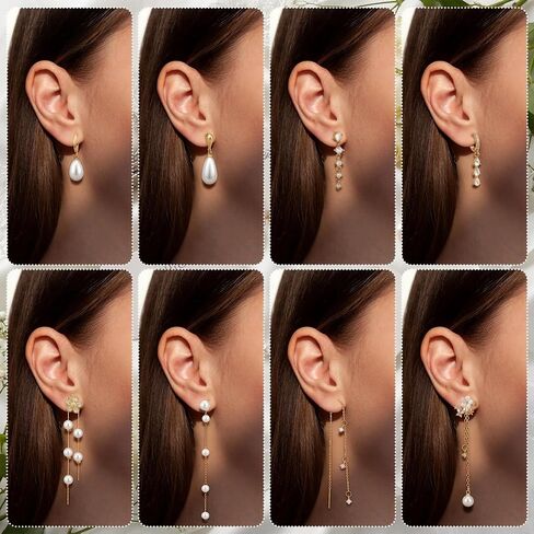 Nosiny 8 Pairs Gold Dangle Pearl Drop Earrings Set for Women Long Tassel Threader Chain Flower Sparkling Cz Threader Drop Earring Chain Wedding Bridal Earring Set for Women Trendy in Kuwait