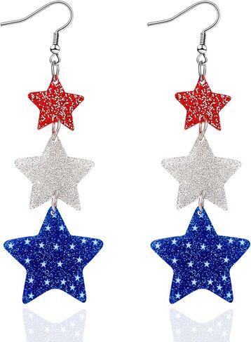 Stacked Star 4th of July Earrings for Women, Acrylic Sparkly Red White Blue Patriotic Dangle Earrings, Independence Day Patriotic Jewelry for Holiday Outfits in Kuwait