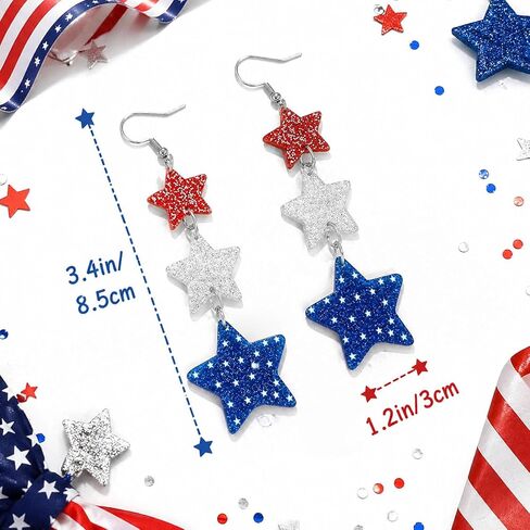 Stacked Star 4th of July Earrings for Women, Acrylic Sparkly Red White Blue Patriotic Dangle Earrings, Independence Day Patriotic Jewelry for Holiday Outfits in Kuwait