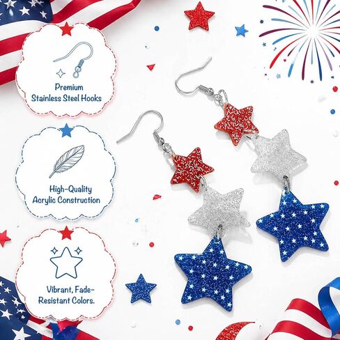 Stacked Star 4th of July Earrings for Women, Acrylic Sparkly Red White Blue Patriotic Dangle Earrings, Independence Day Patriotic Jewelry for Holiday Outfits in Kuwait