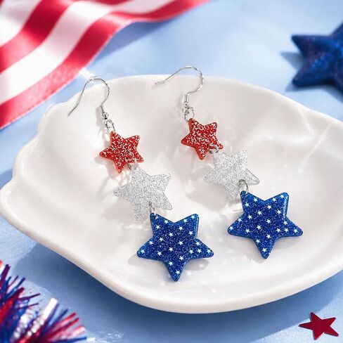 Stacked Star 4th of July Earrings for Women, Acrylic Sparkly Red White Blue Patriotic Dangle Earrings, Independence Day Patriotic Jewelry for Holiday Outfits in Kuwait