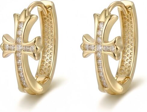 14K Gold Plated Cross Hoop Earrings for Women, Crystal Huggie Earrings, Elegant Faith Jewelry Gift in Kuwait