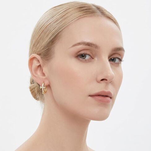 14K Gold Plated Cross Hoop Earrings for Women, Crystal Huggie Earrings, Elegant Faith Jewelry Gift in Kuwait