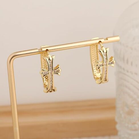 14K Gold Plated Cross Hoop Earrings for Women, Crystal Huggie Earrings, Elegant Faith Jewelry Gift in Kuwait