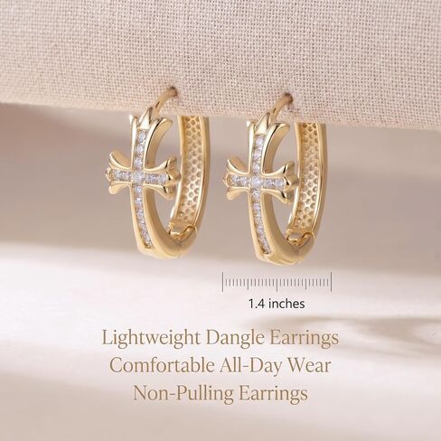14K Gold Plated Cross Hoop Earrings for Women, Crystal Huggie Earrings, Elegant Faith Jewelry Gift in Kuwait