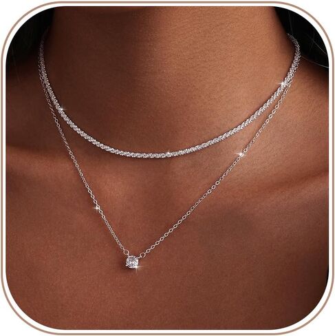 MIDEEO Gold Layered Necklaces for Women, 14K Plated Gold Sterling Silver Plated Dainty Pendant Non Tarnish Necklace Set with Cubic Zirconia,Stackable Chain Choker,Trendy Jewelry Gift in Saudi Arabia