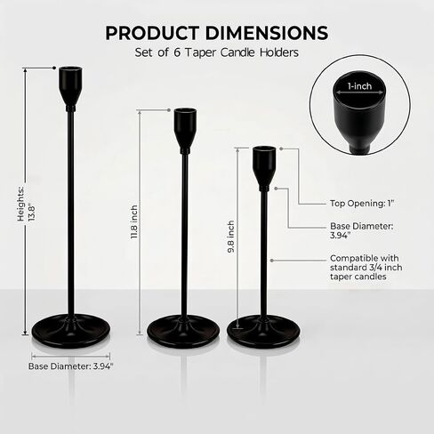 Black Candlestick Holders Metal Tall Taper Candle Holder Set of 6, Modern Retro Home Decor for Centerpieces on Table and Fireplace Mantle Such As Weddings, Banquets and Birthday Parties in Saudi Arabia