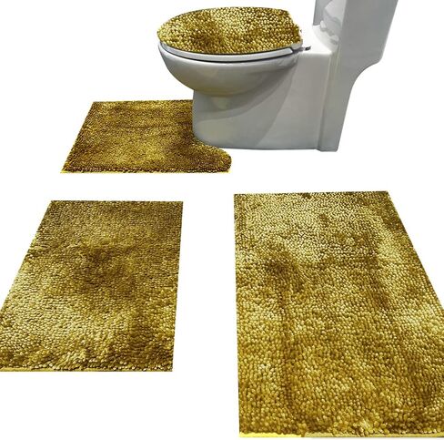 Madeals Chenille Bath Rug Sets 4 Piece with Toilet Lid Cover and Rug Set Combo, Soft Shaggy Bath Rug Set 3 Piece and U-Shaped Toilet Floor Rug Golden in Saudi Arabia