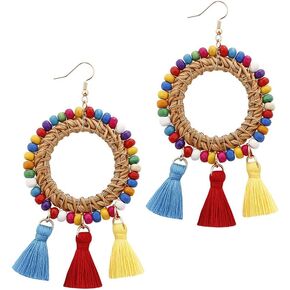 Bohemian Rattan Wooden Beads Handmade Circle/Teardrop Earrings Dangle Drop Jewelry for Women Girls