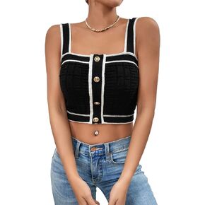 GORGLITTER Women's Knit Tank Top Button Front Square Neck Sleeveless Ribbed Crop Tops
