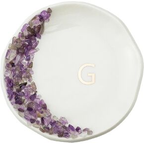 Crystal Initials Ring Dish Jewery, Tray with Personalized S-Monogrammed, Jewelry Tray, Ring Dish,Engagement Gifts Bride Gifts Wedding Gifts for Women, Ceramic White