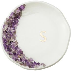 Crystal Initials Ring Dish Jewery, Tray with Personalized S-Monogrammed, Jewelry Tray, Ring Dish,Engagement Gifts Bride Gifts Wedding Gifts for Women, Ceramic White