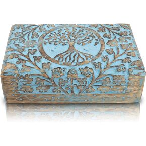 Great Birthday Gifts Handmade Decorative Wooden Jewelry Box Tree Of Life Carving Jewelry Organizer Keepsake Box Treasure Chest Trinket Holder Watch Box Storage Lock Box Housewarming Gifts (Brown)