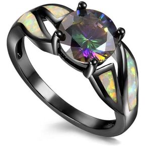 UFOORO Black Rhodium Plated Fire Opal infinity Ring Cubic Zircon Wedding Engagement Anniversary Rings For women