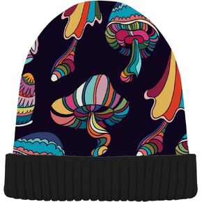 ALAZA Mushroom Tribal Ethinc Beanie for Women Men Winter Hat Reversible Skull Cuffed Knit Cap Multi