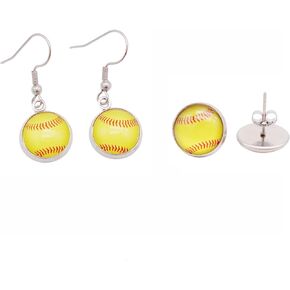 Two Pairs of Stainless Steel Softball Earrings for Women Girl Hypoallergenic Glass Softball Cabochon Earring Studs Hooks