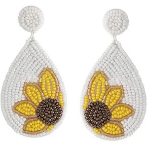 Beaded Sunflower Teardrop Dangle Earrings for Women Girls Boho Handmade Yellow White Big Daisy Flower Statement Drop Dangling Stud Lightweight Friendship Birthday Summer Holiday Party Jewlery Gifts