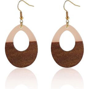 Resin Wooden Lightweight Geometric Dangle Drop Earrings Natural Wood Teardrop Earrings for Women Girls Statement Bohemian Jewelry