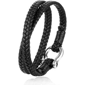 BIYONGDE Two-lap Black Braided Leather Screw Anchor Shackle Bangle Bracelet Stainless Steel Mens Cool Unique