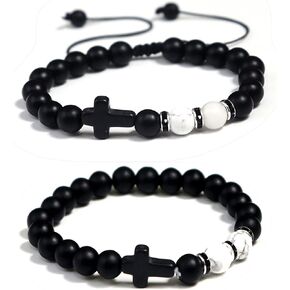 2Pcs Healing Religion Cross Tiger Eye Stone Bead Bracelet for Women Men Girl Boy Teen Matte Agate Crystal Gemstone Seed Elastic Braide Drawstring Bangle Set Adjustable Birthday Jewelry Gift