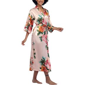 Qurvoo Women's Long Floral Bridesmaid Robes Silk Kimono Satin Full Length Lightweight Wedding Getting Ready Bathrobe