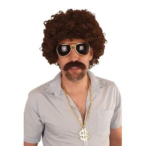 Hippie Disco Costume Set Afro Wig Sunglasses Necklace Mustache 60s Woodstock Big Daddy Brown in Kuwait